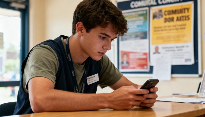 Charity volunteer making a call on a personal smartphone in a community setting